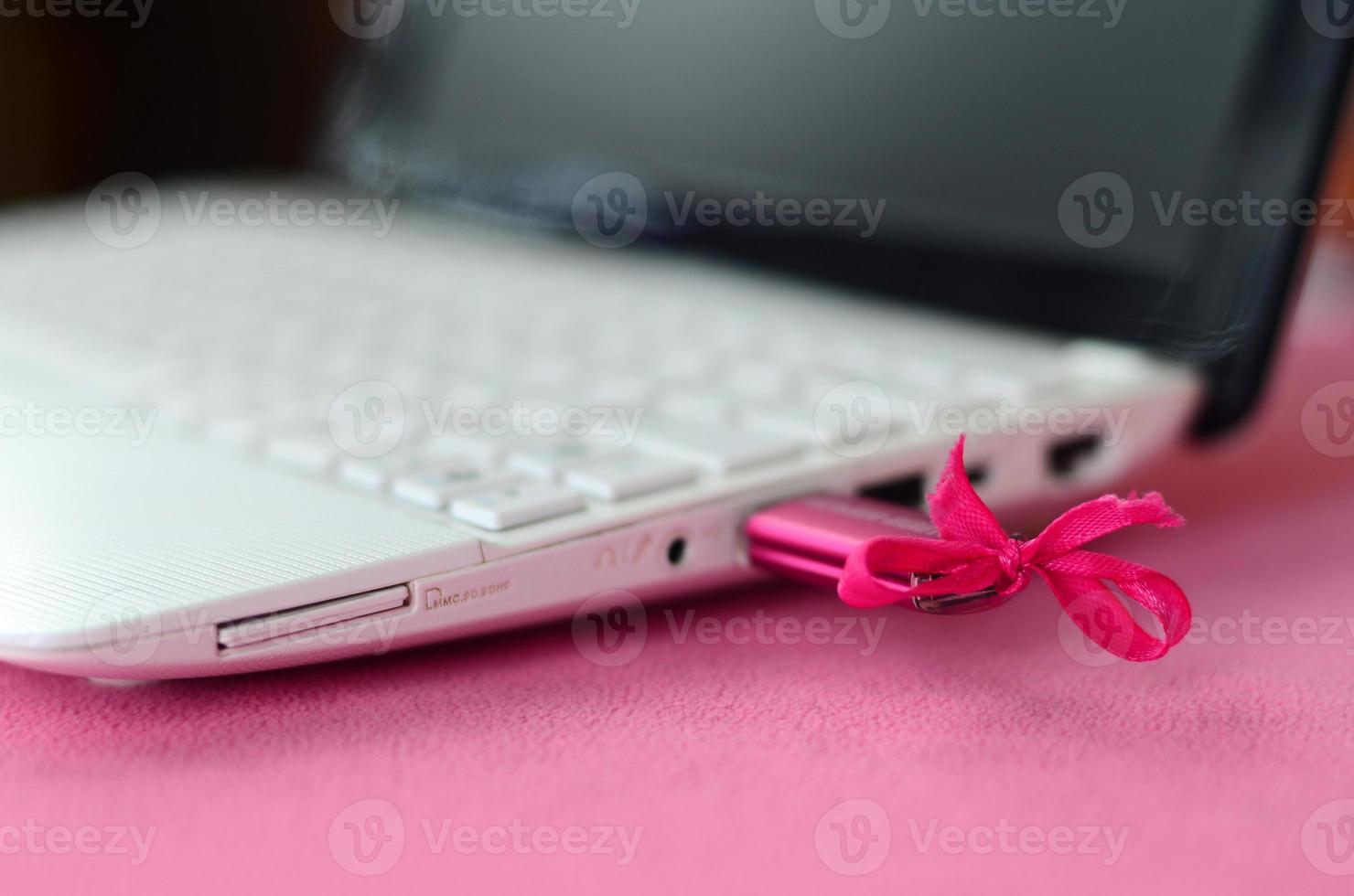 A brilliant pink USB flash drive with a pink bow is connected to a white laptop, which lies on a blanket of soft and fluffy light pink fleece fabric. Classic female design for a memory card photo