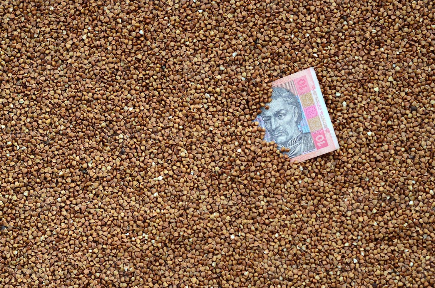Background texture of a large pile of buckwheat, among which one can see a bill of one Ukrainian hryvnia. The concept of increasing prices for cereals in Ukraine photo