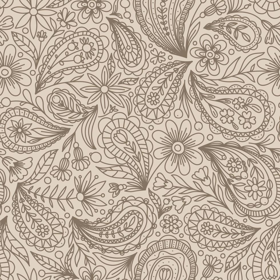 fondo transparente de vector beige con patrón de contorno de paisley marrón