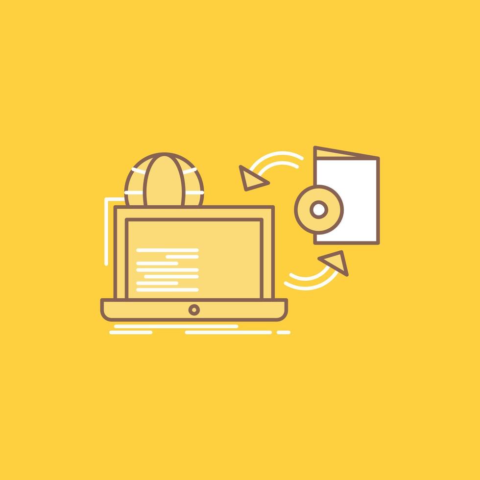 Disc. online. game. publish. publishing Flat Line Filled Icon. Beautiful Logo button over yellow background for UI and UX. website or mobile application vector