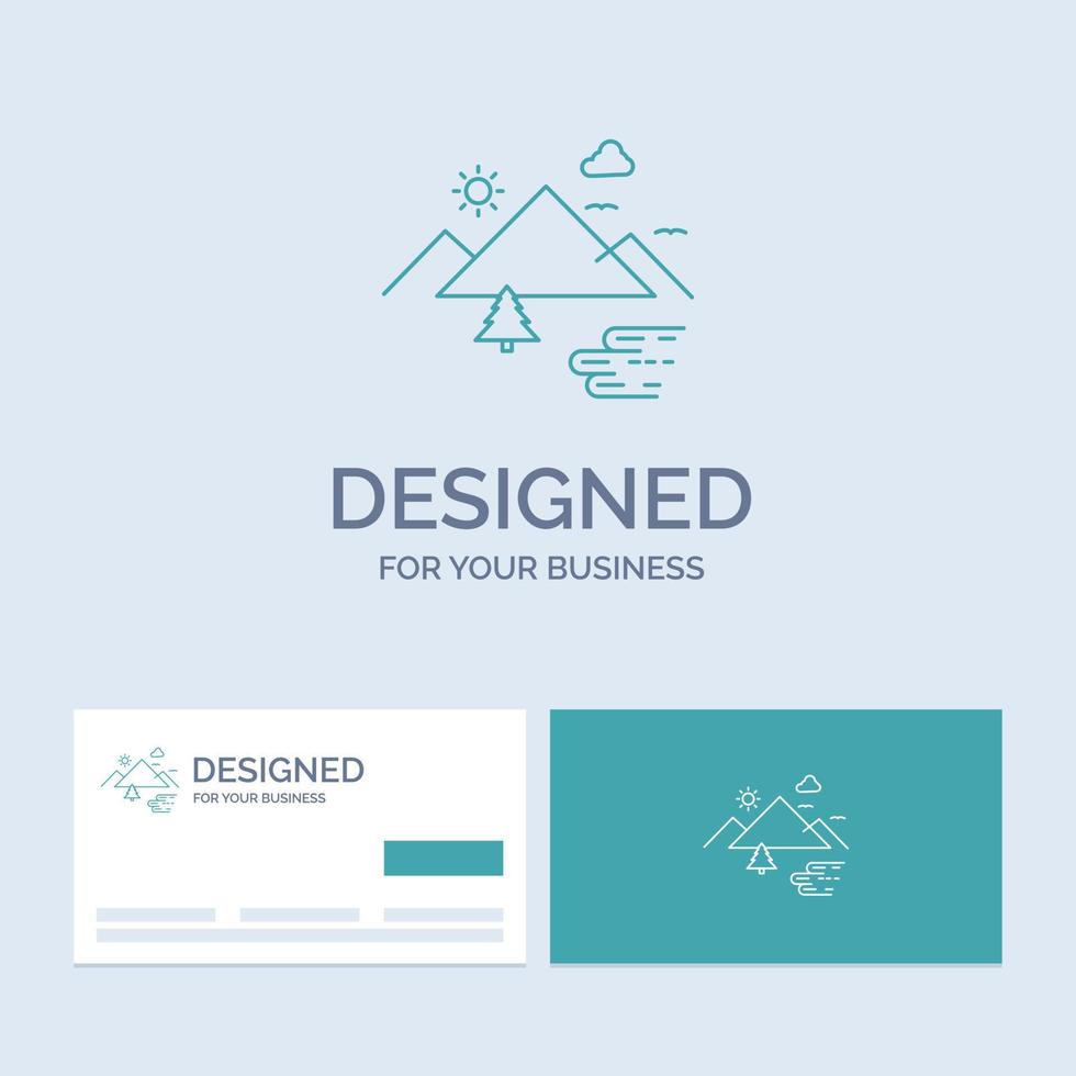 Mountains. Nature. Outdoor. Clouds. Sun Business Logo Line Icon Symbol for your business. Turquoise Business Cards with Brand logo template vector