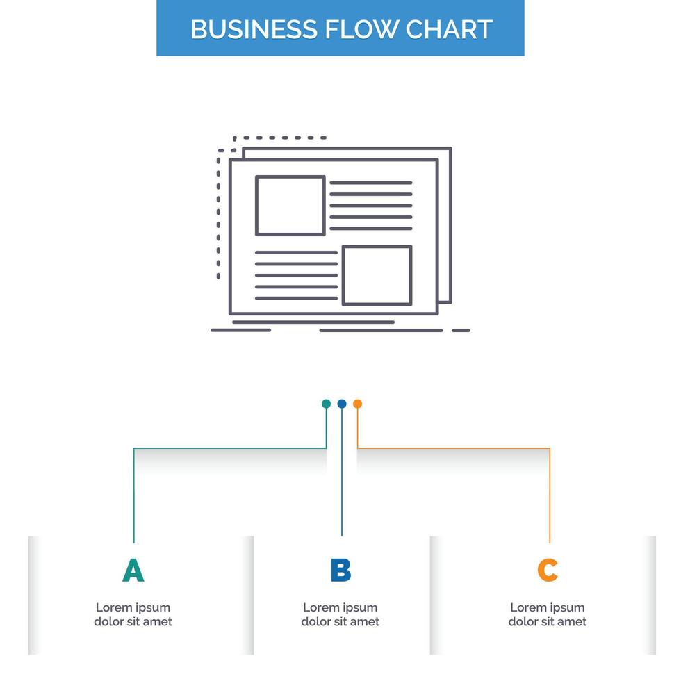 Content. design. frame. page. text Business Flow Chart Design with 3 Steps. Line Icon For Presentation Background Template Place for text vector