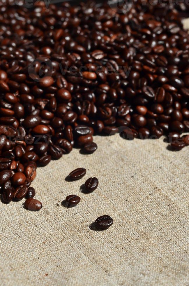 Texture of a gray canvas made of old and coarse burlap with coffee beans on it photo