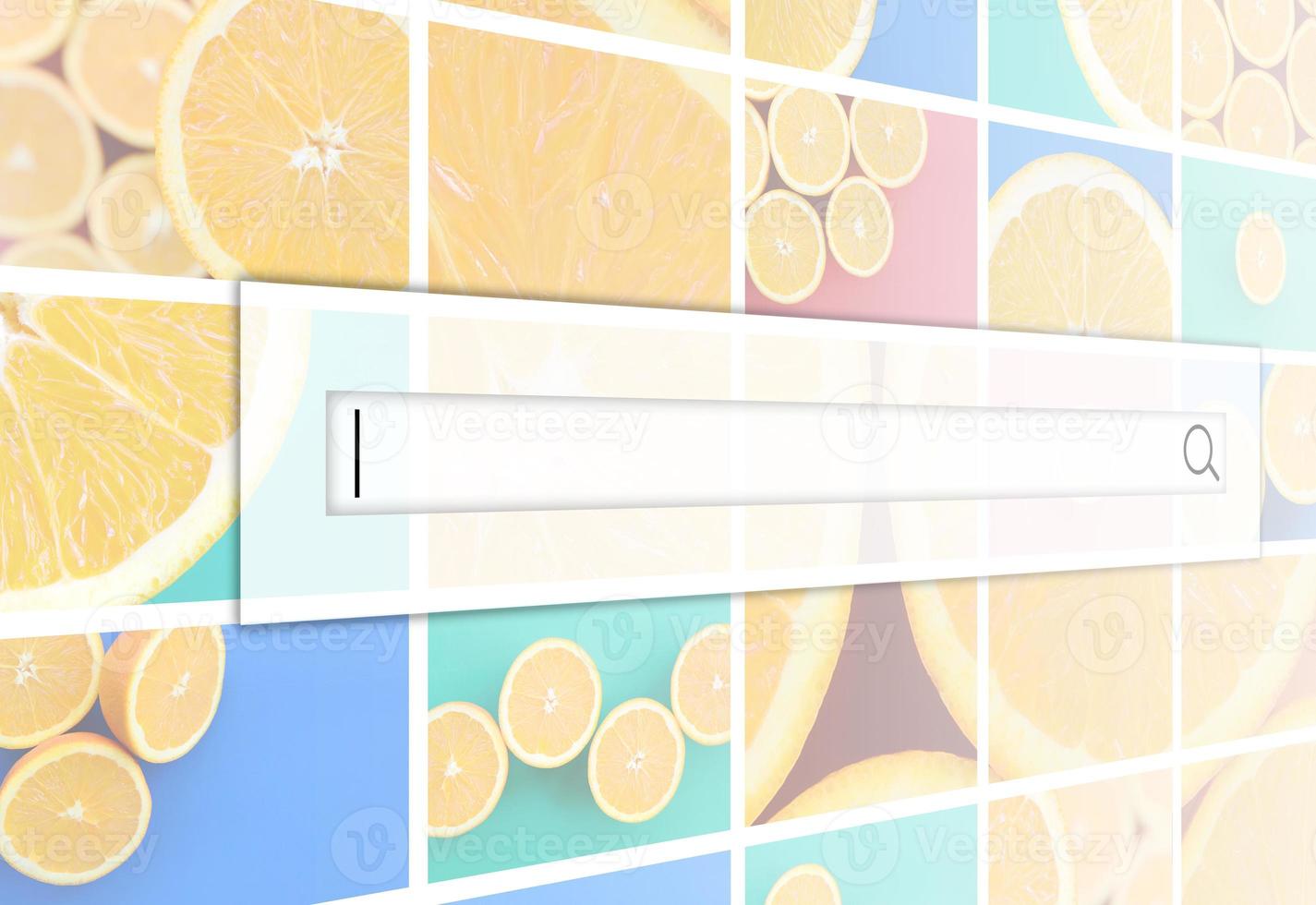 Visualization of the search bar on the background of a collage of many pictures with juicy oranges. Set of images with fruits on backgrounds of different colors photo
