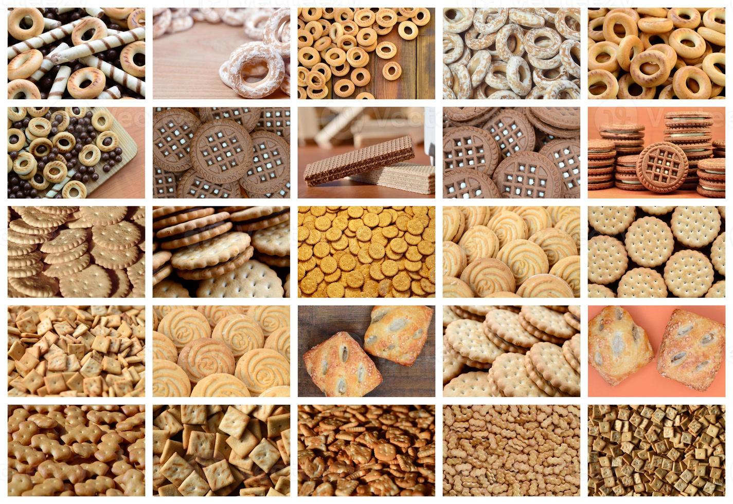 A collage of many pictures with various sweets close-up. A set of biscuits, bagels and candies photo