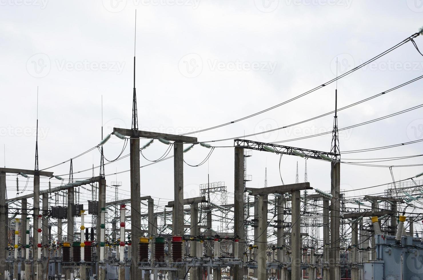 Power plant is a station of transformation. A lot of cables, poles and wires, transformers. Electro-energy. photo