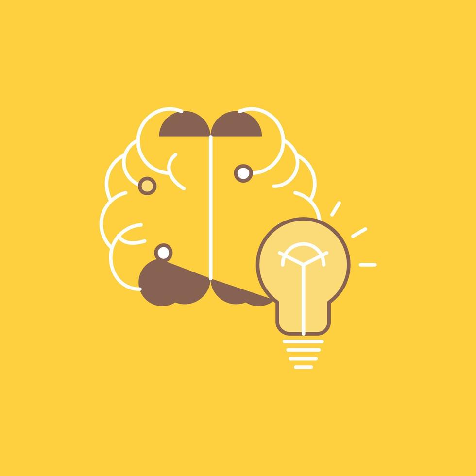 idea. business. brain. mind. bulb Flat Line Filled Icon. Beautiful Logo button over yellow background for UI and UX. website or mobile application vector