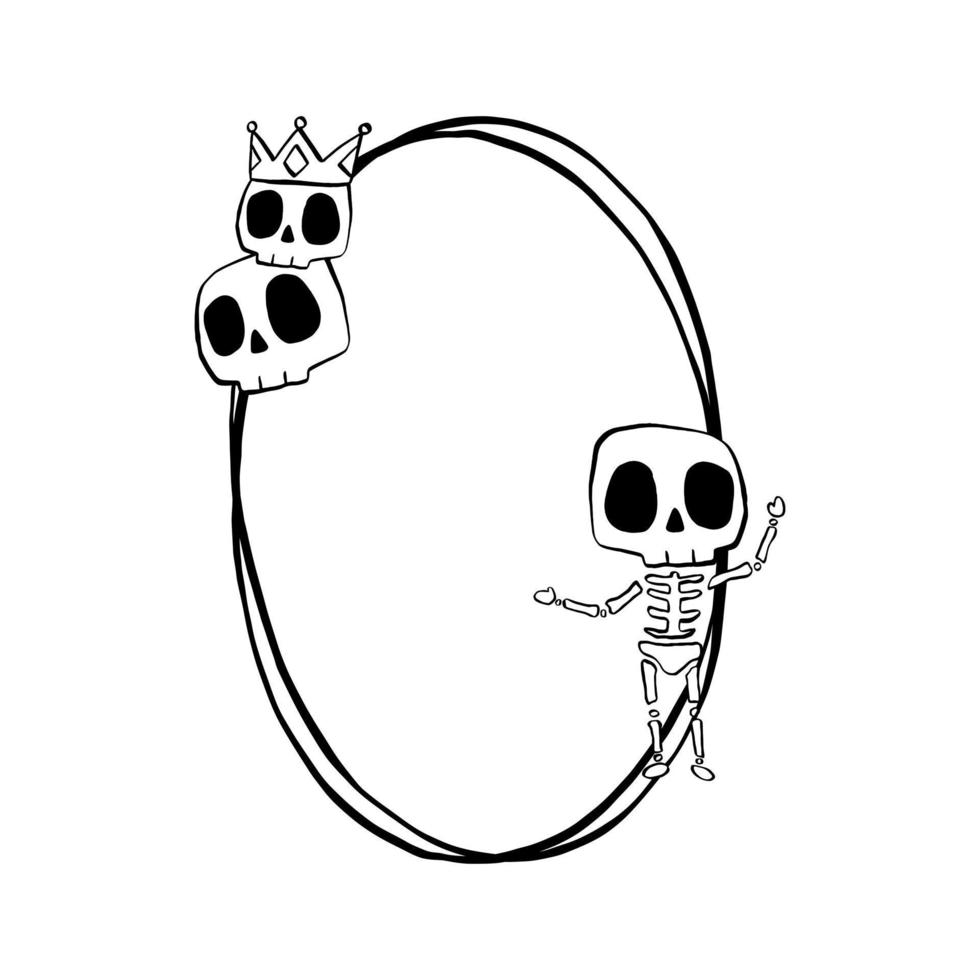 Black line Skeleton and Skull on two oval. Vector illustration about Halloween for decorate logo, greeting cards and any design.