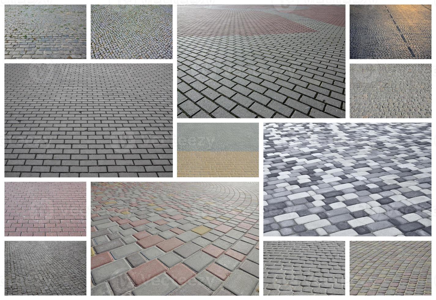 A collage of many pictures with fragments of paving tiles close-up. Set of images with pavement stone photo