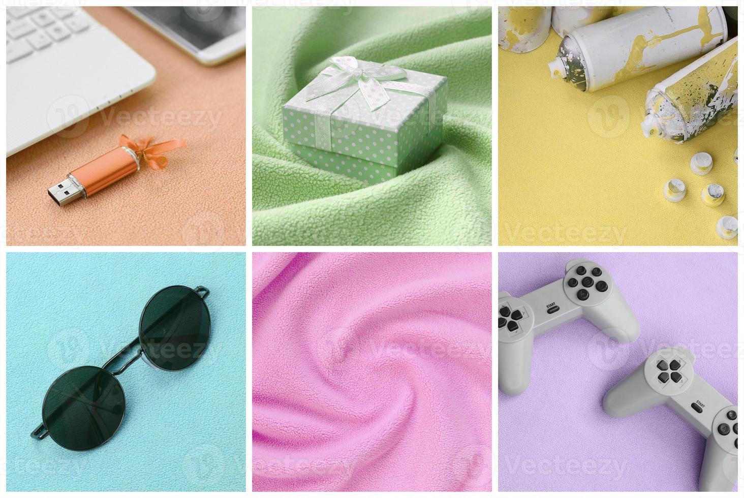 A set of pictures with fashionable youth objects on a soft fleece surface. Trendy pastel light colors photo