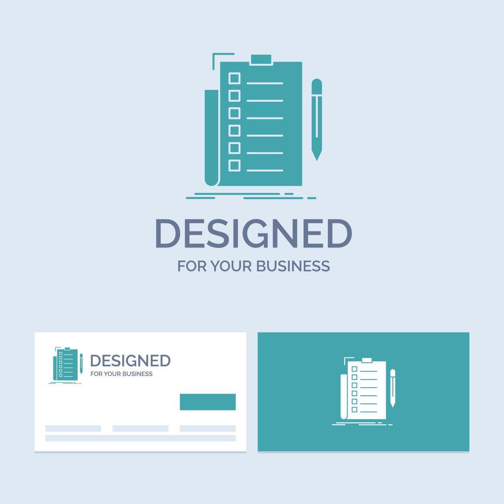 expertise. checklist. check. list. document Business Logo Glyph Icon Symbol for your business. Turquoise Business Cards with Brand logo template. vector