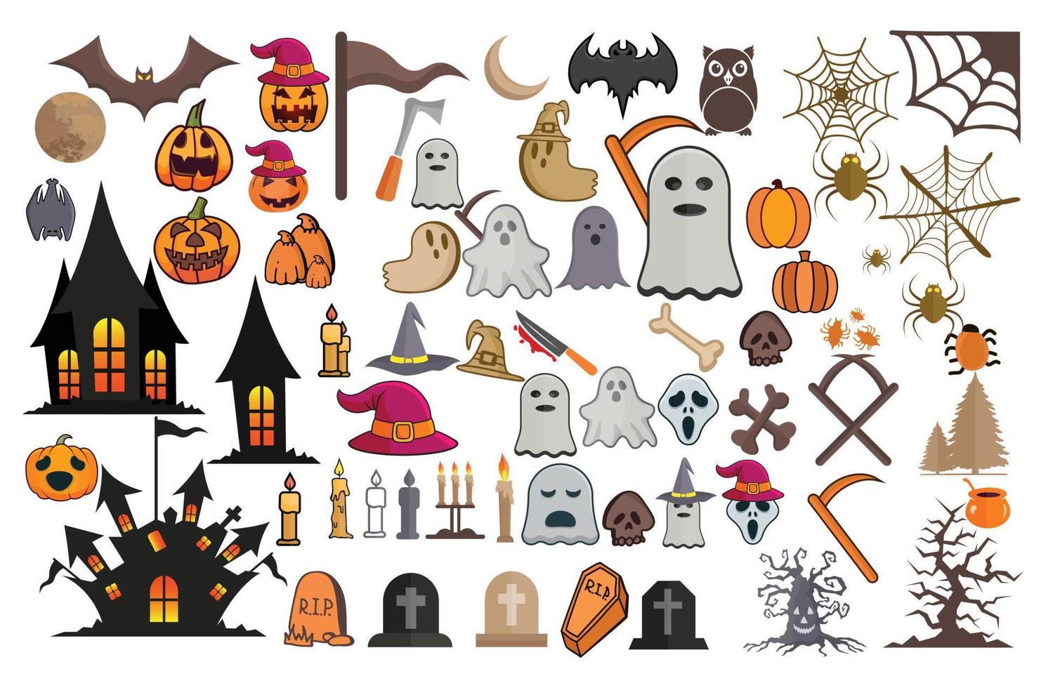 gran conjunto de ilustraciones de halloween clip art hugh colecciones, diseño de la bruja, icono y otros elementos de carácter para decoraciones de halloween. ilustración vectorial premium creativa. vector