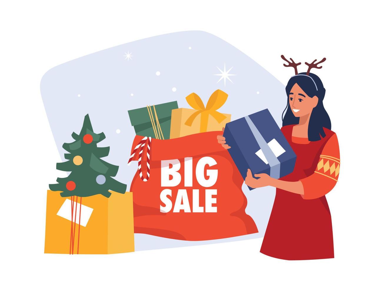 People with gifts. Girl with a gift box. Christmas sale. Preparing for Christmas. Vector image.