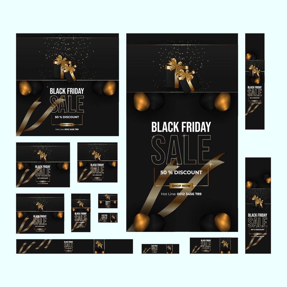 black friday web banner set with gift box and balloon vector