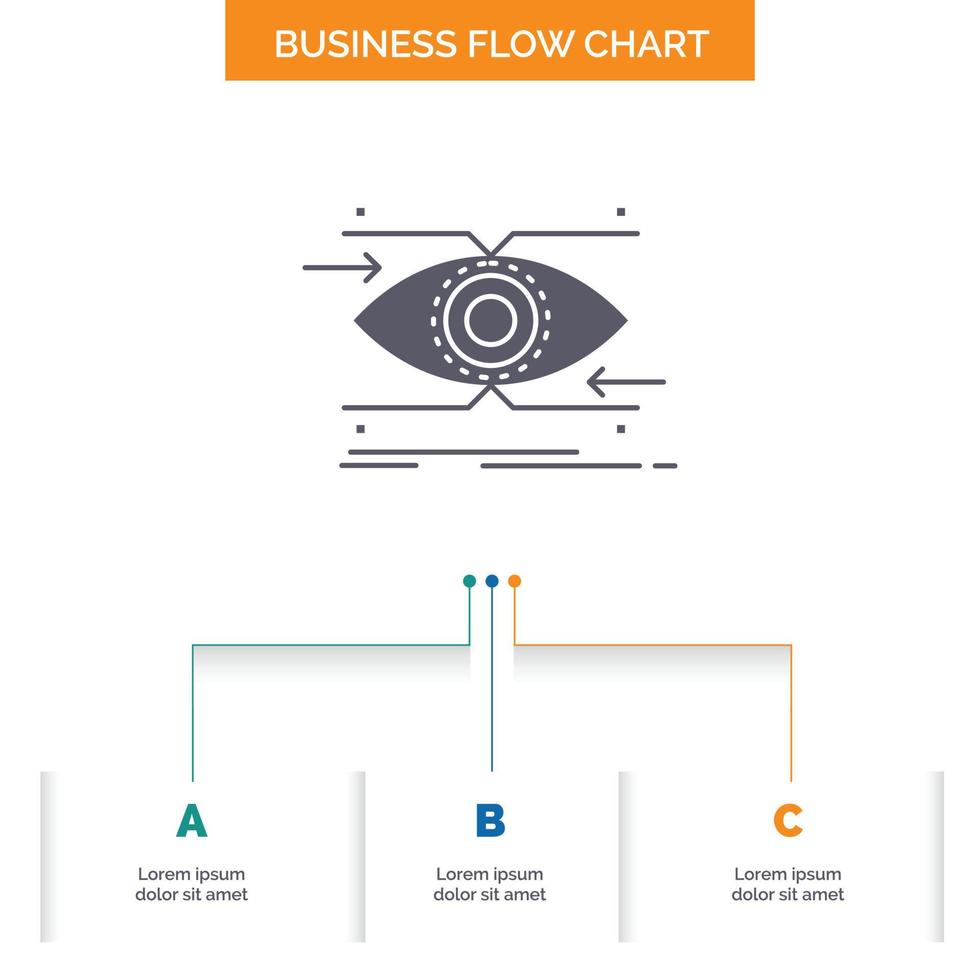 attention. eye. focus. looking. vision Business Flow Chart Design with 3 Steps. Glyph Icon For Presentation Background Template Place for text. vector