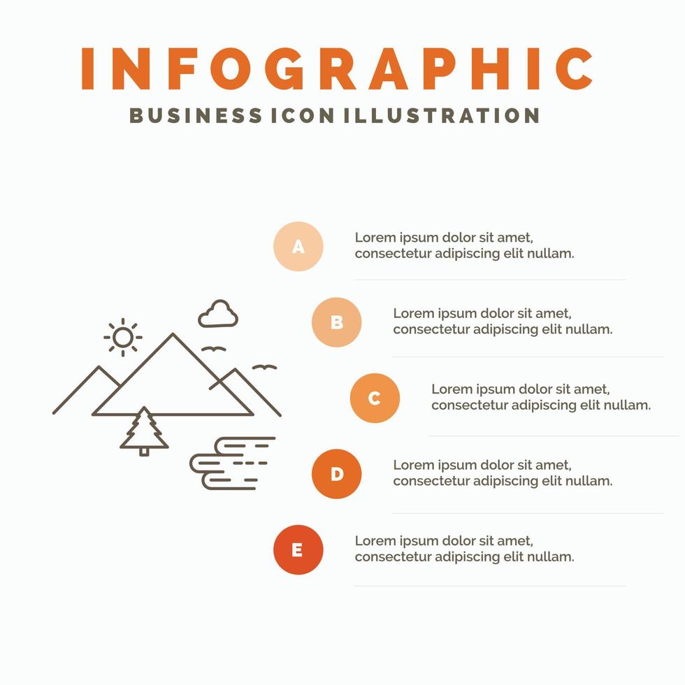 Mountains. Nature. Outdoor. Clouds. Sun Infographics Template for Website and Presentation. Line Gray icon with Orange infographic style vector illustration