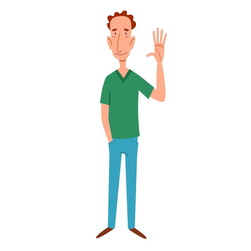 A fashionable thin man in casual clothes greets. Friendly greeting of a young guy. vector