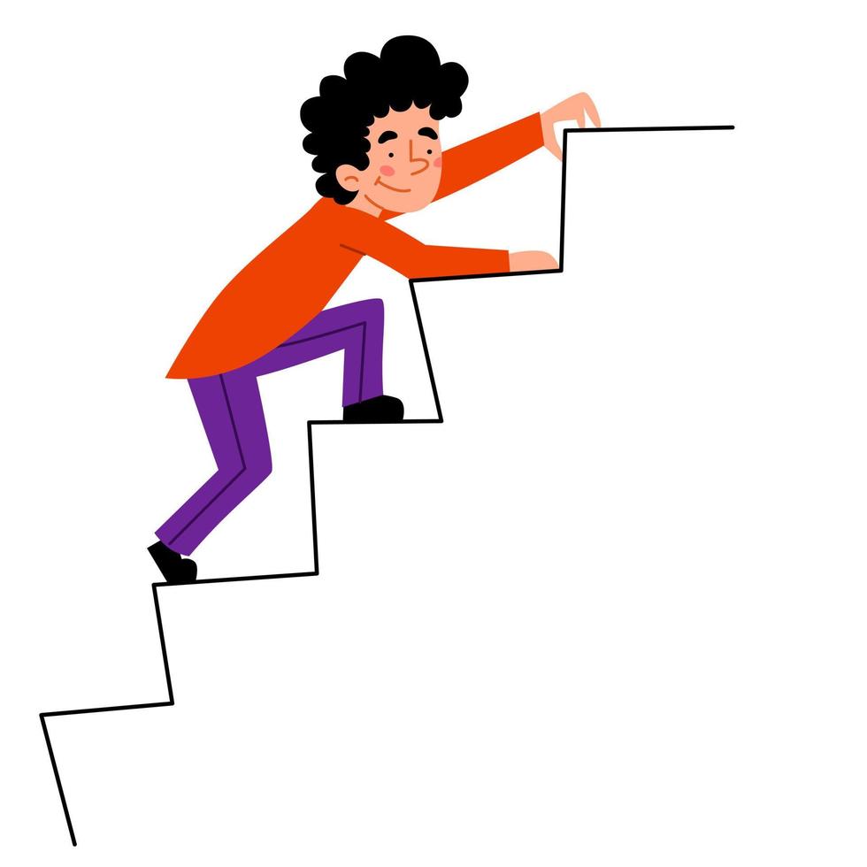 The boy climbs up the ladder of levels. vector