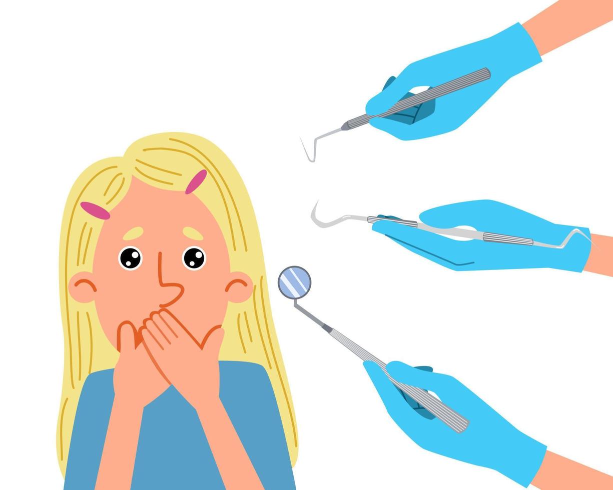 The girl is afraid of the dentist. A frightened patient is a child experiencing a panic attack in the office of a dental clinic. vector