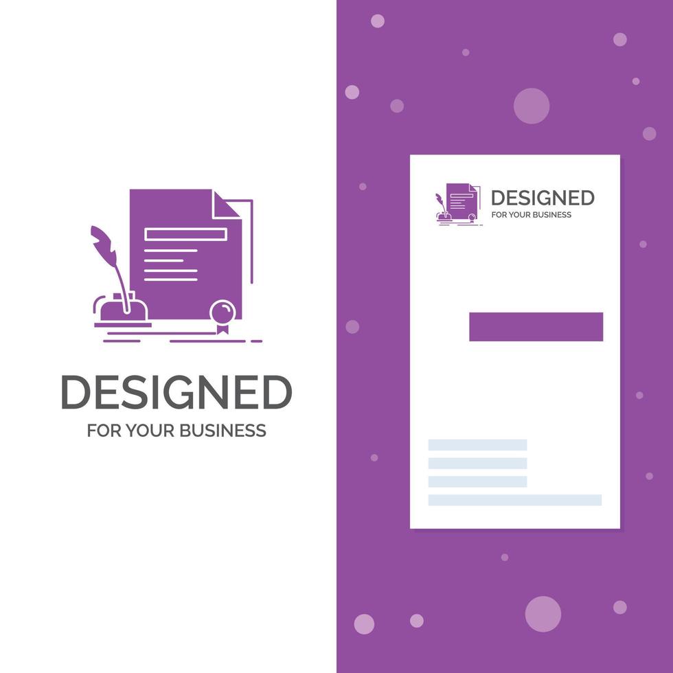 logotipo de empresa para contrato. papel. documento. convenio. otorgar. plantilla de tarjeta de visita de negocio púrpura vertical. ilustración de vector de fondo creativo