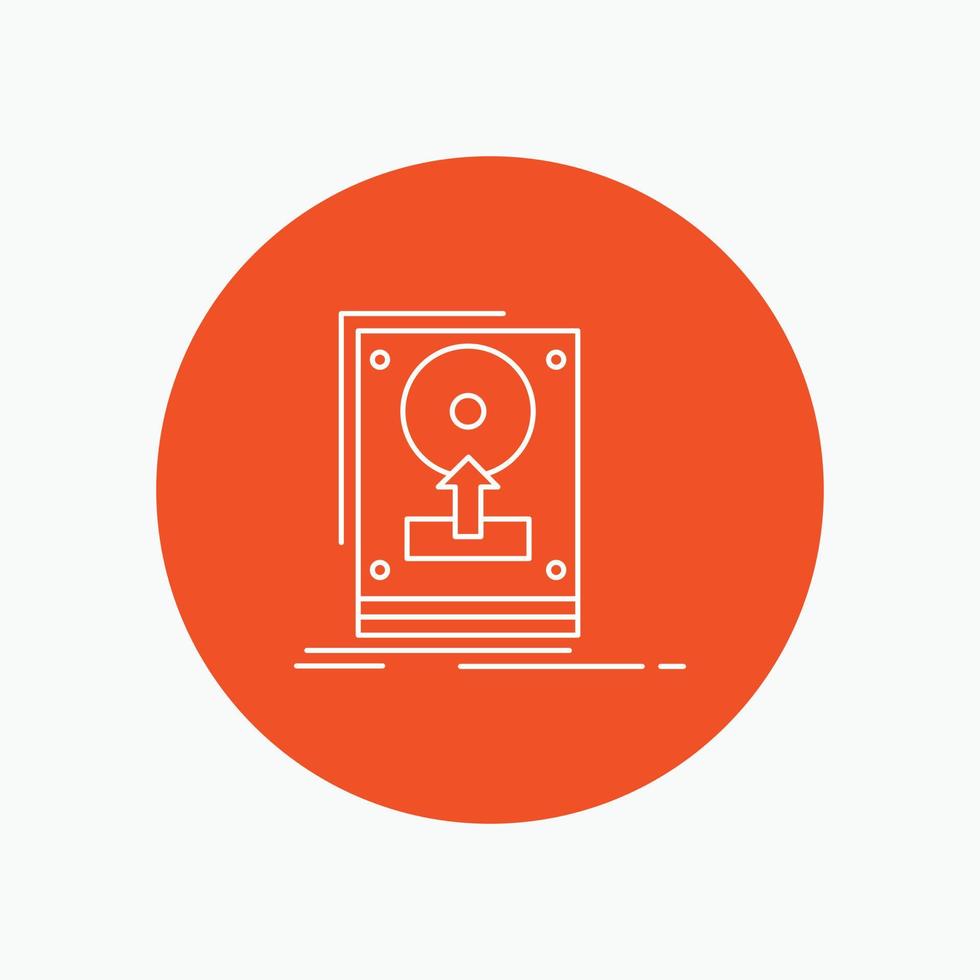 install. drive. hdd. save. upload White Line Icon in Circle background. vector icon illustration