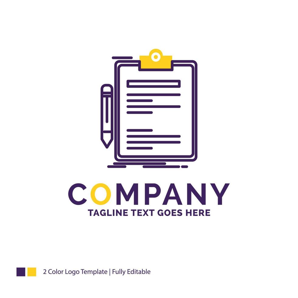 diseño de logotipo de nombre de empresa para contrato. controlar. negocio. hecho. tablero de clip diseño de marca púrpura y amarillo con lugar para eslogan. plantilla de logotipo creativo para pequeñas y grandes empresas. vector