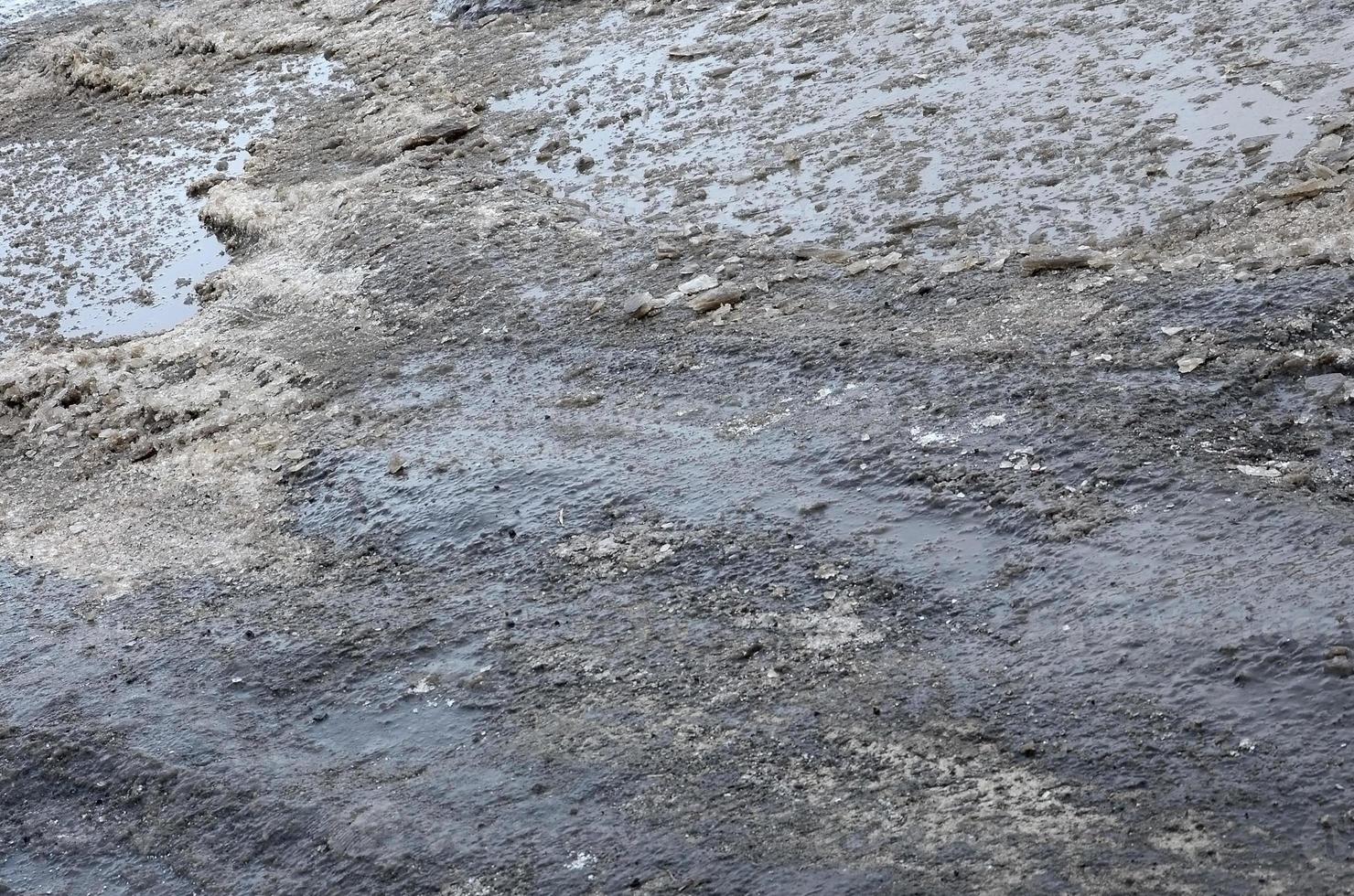 Damaged asphalt road with potholes caused by freezing and thawing cycles during the winter. Poor road photo