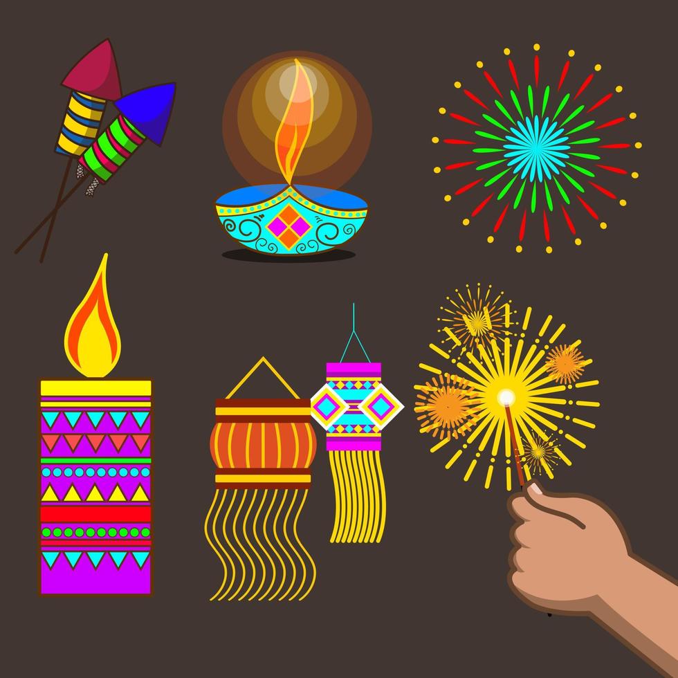 paquete de objetos de vacaciones de diwali de vector de dibujos animados