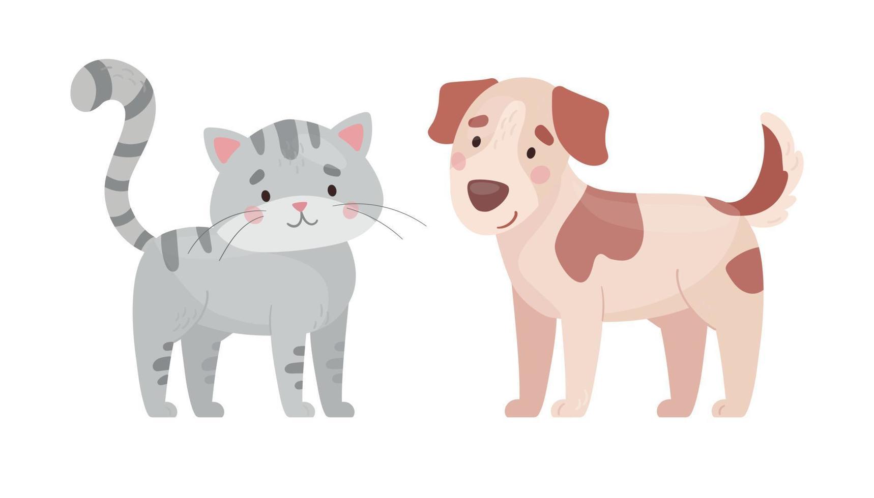 Cute cat and dog. Vector illustration in flat style, isolated on white background. Gray striped kitten and spotted puppy. cartoon kids characters.