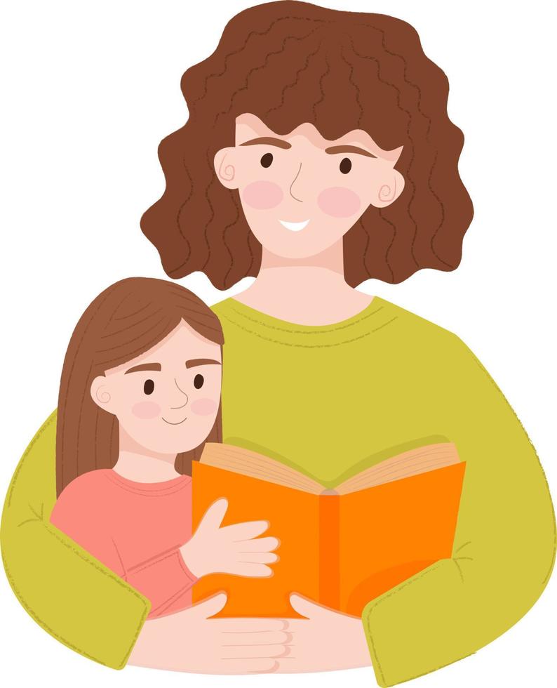 Mother reads a book to her daughter. Time with family at home. A girl sitting on a woman's lap, reading a book together. Illustration of home activities. vector