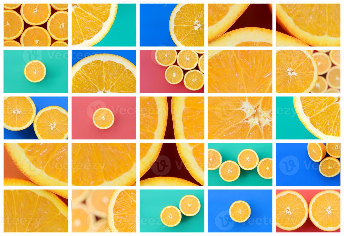 A collage of many pictures with juicy oranges. Set of images with fruits and different colors photo
