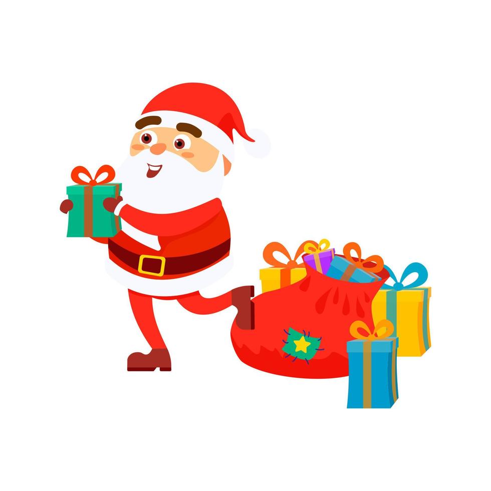 Santa Claus gives out presents on isolated background. Merry Christmas concept with gift box. Vector illustration in flat cartoon style