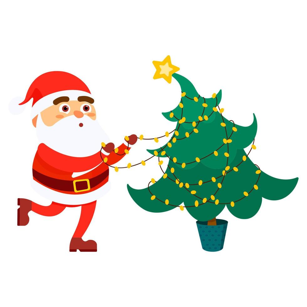 Santa Claus hangs garlands on the Christmas tree on isolated background. Merry Christmas concept. Vector illustration in flat cartoon style