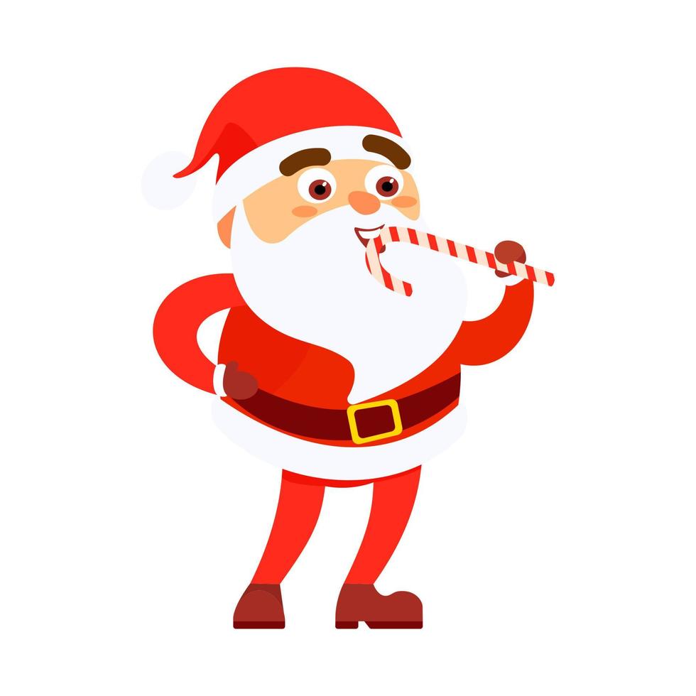 santa claus comiendo una piruleta en un fondo aislado. concepto de feliz navidad. ilustración vectorial en estilo de dibujos animados plana vector