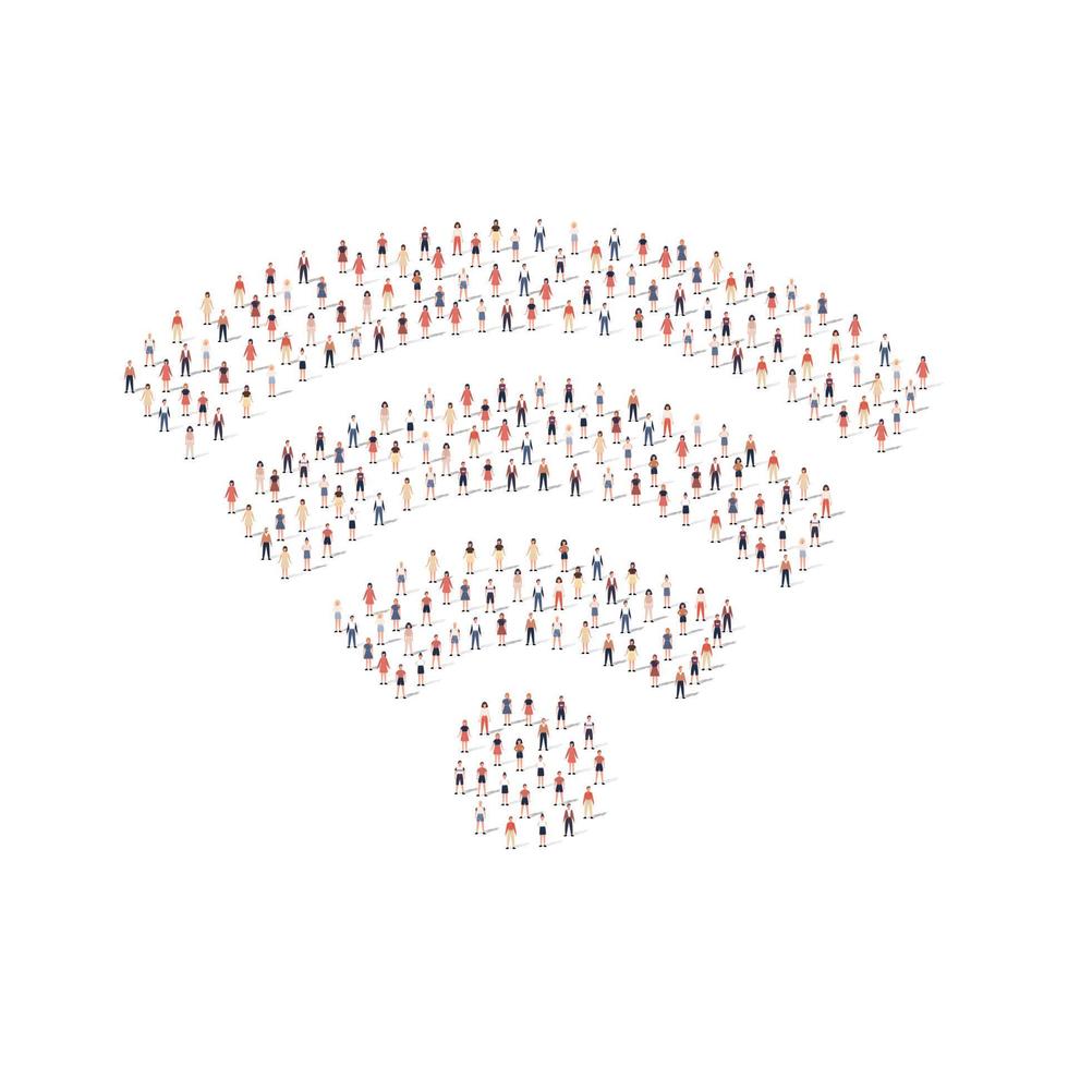 Large group of people silhouette crowded together in wifi shape isolated on white background. Vector illustration