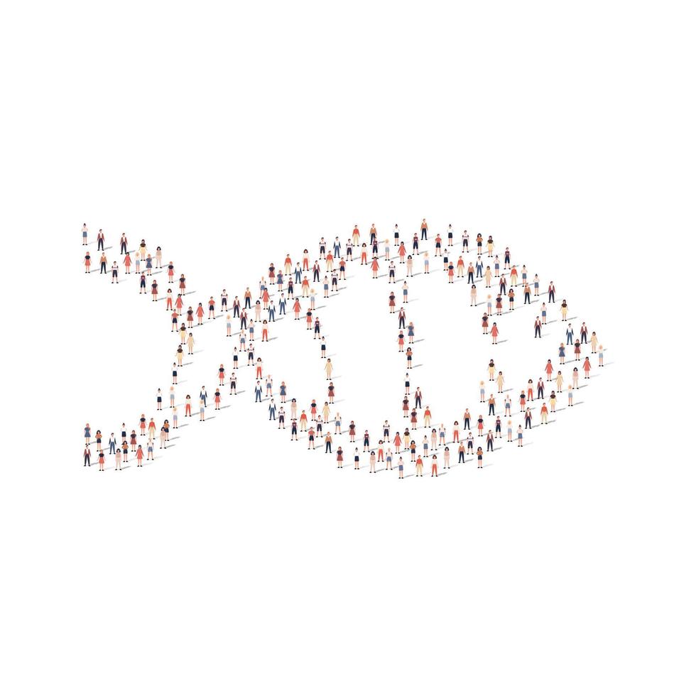 Large group of people silhouette crowded together in fish shape isolated on white background. Vector illustration