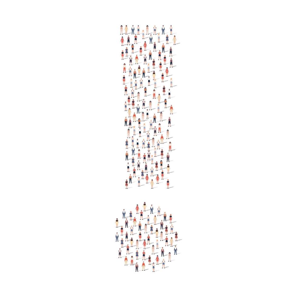 Large group of people different silhouette crowded together in exclamation shape isolated on white background. Vector illustration