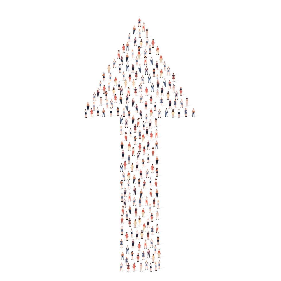 gran grupo de siluetas de personas amontonadas en forma de flecha hacia arriba aisladas en fondo blanco. ilustración vectorial vector