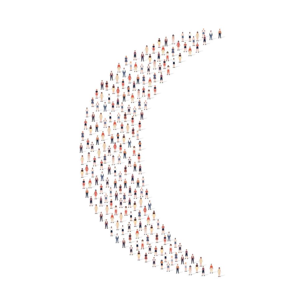 Large group of people silhouette crowded together in crescent moon shape isolated on white background. Vector illustration
