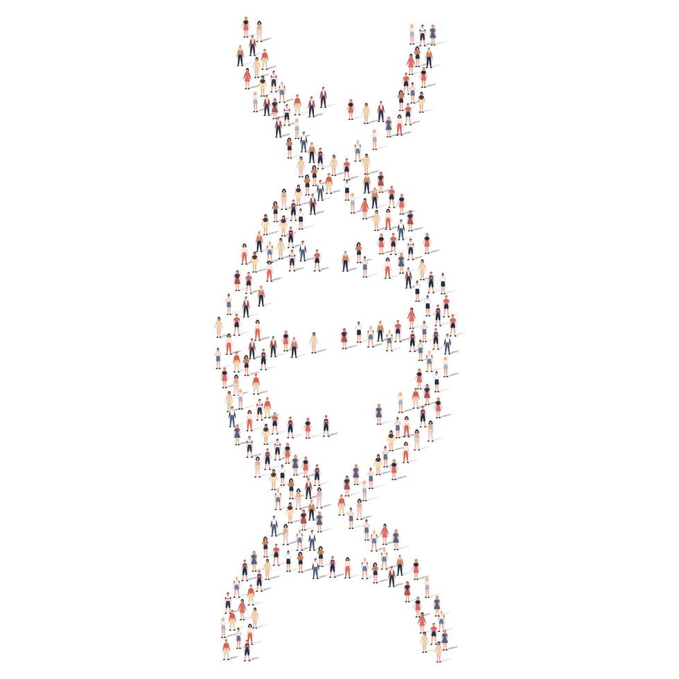 Large group of people different silhouette crowded together in dna spiral shape isolated on white background. Vector illustration