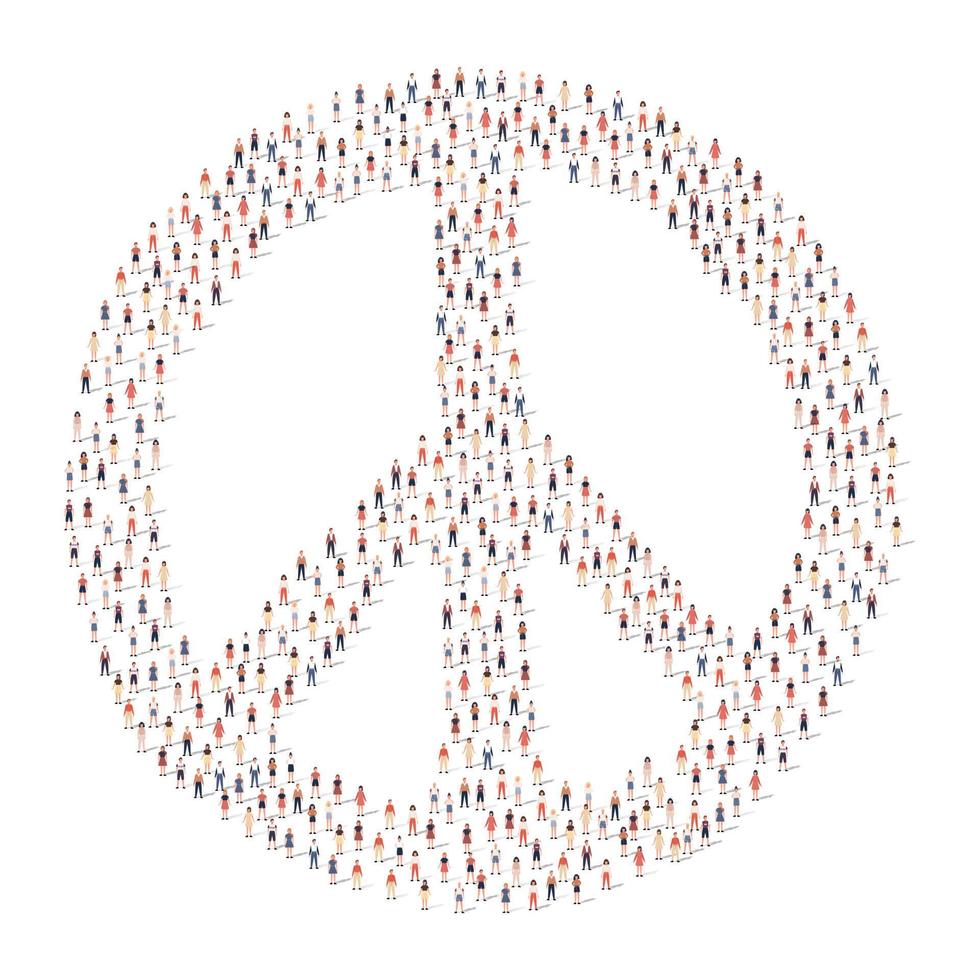 un gran grupo de personas de diferente silueta amontonadas en forma de marca de paz aisladas en fondo blanco. ilustración vectorial vector