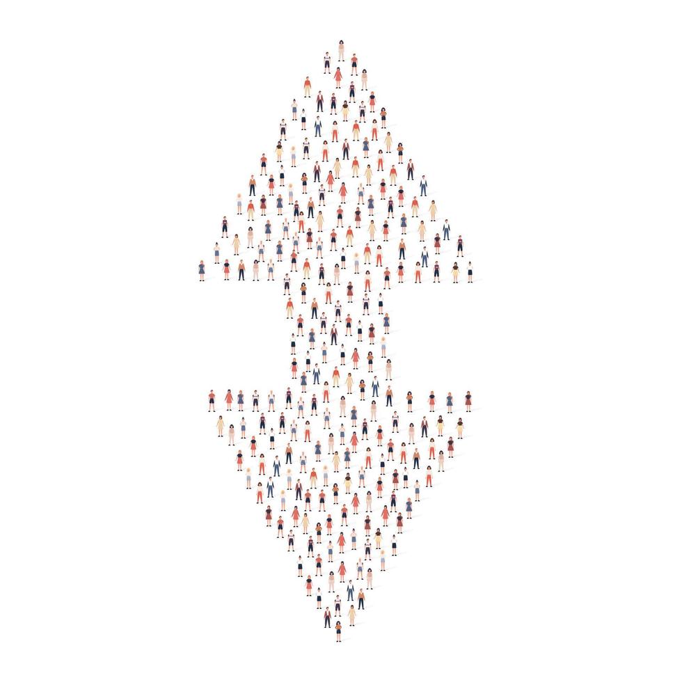 Large group of people silhouette crowded together in arrow direction shape isolated on white background. Vector illustration