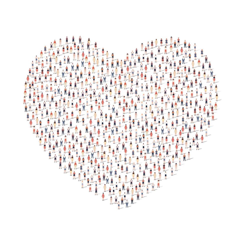 Large group of people silhouette crowded together in heart shape isolated on white background. Vector illustration
