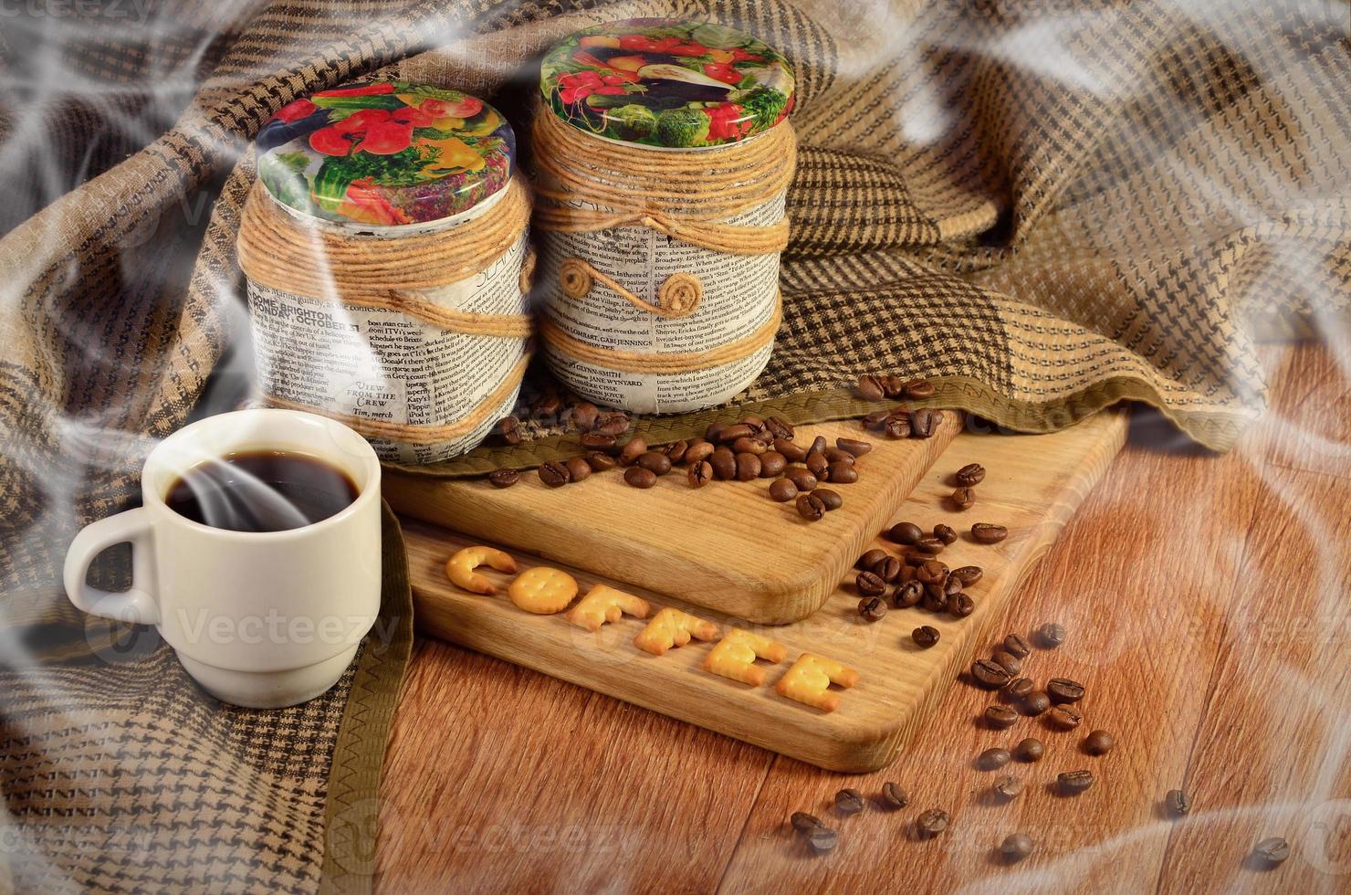 Coffee cup and a text, composed of crackers photo