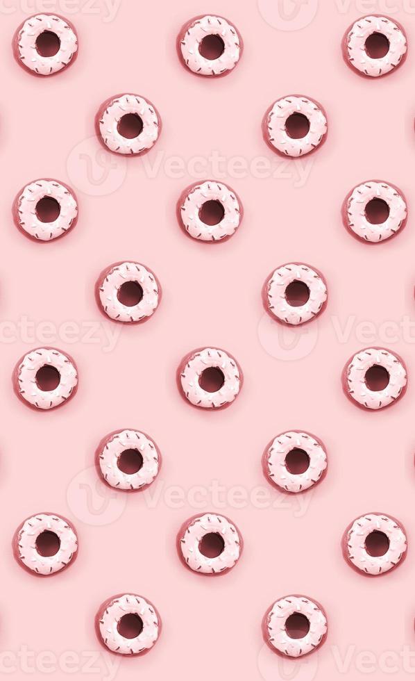 Many small plastic donuts lies on a pastel colorful background. Flat lay minimal pattern. Top view photo