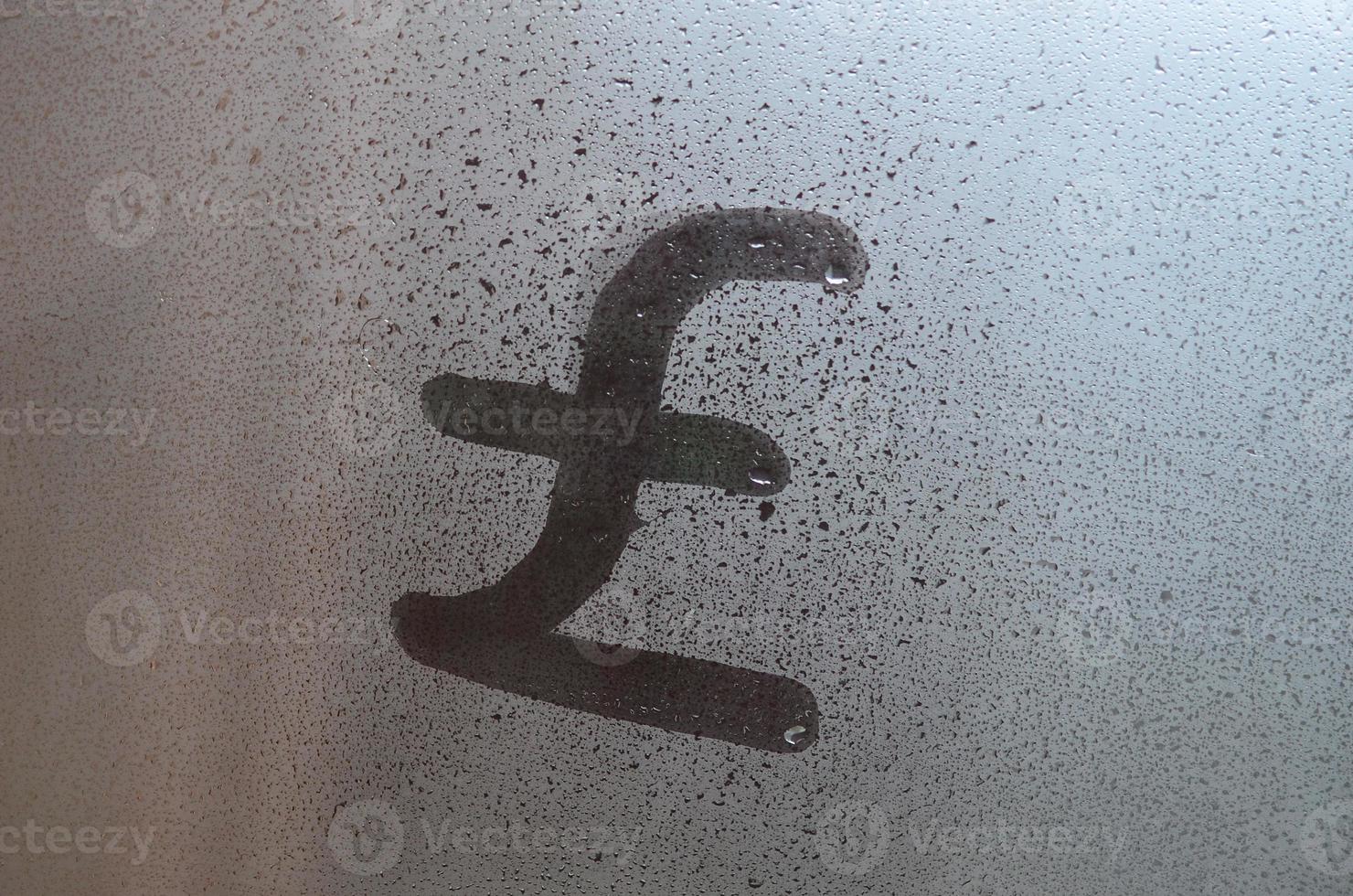 Symbol of English pounds is written with a finger on the surface of the misted glass photo