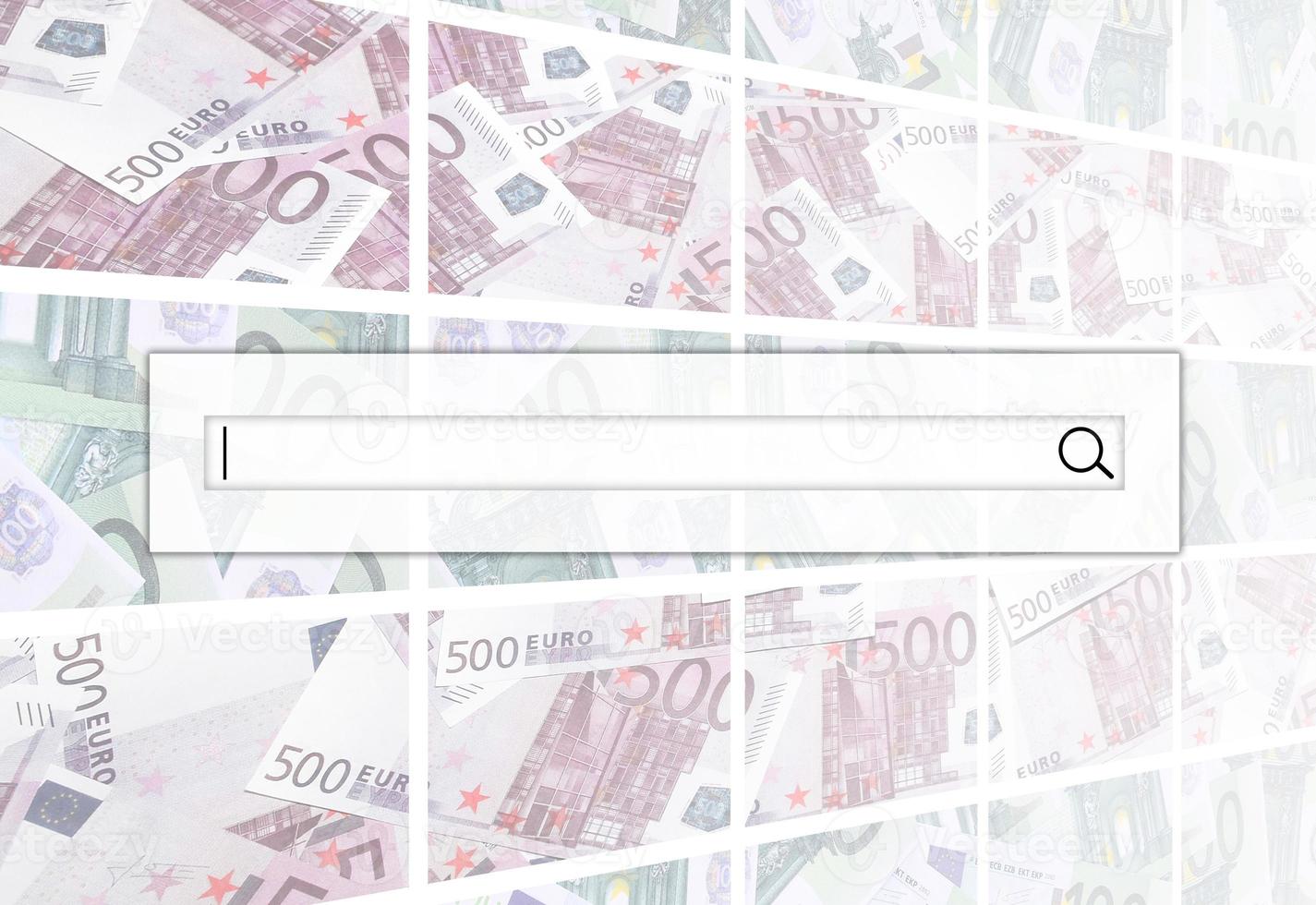 The search string is located on top of collage of many images of hundreds of dollars and euro bills lying in a pile photo