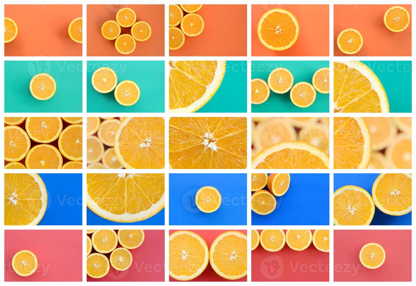 A collage of many pictures with juicy oranges. Set of images with fruits on backgrounds of different colors photo