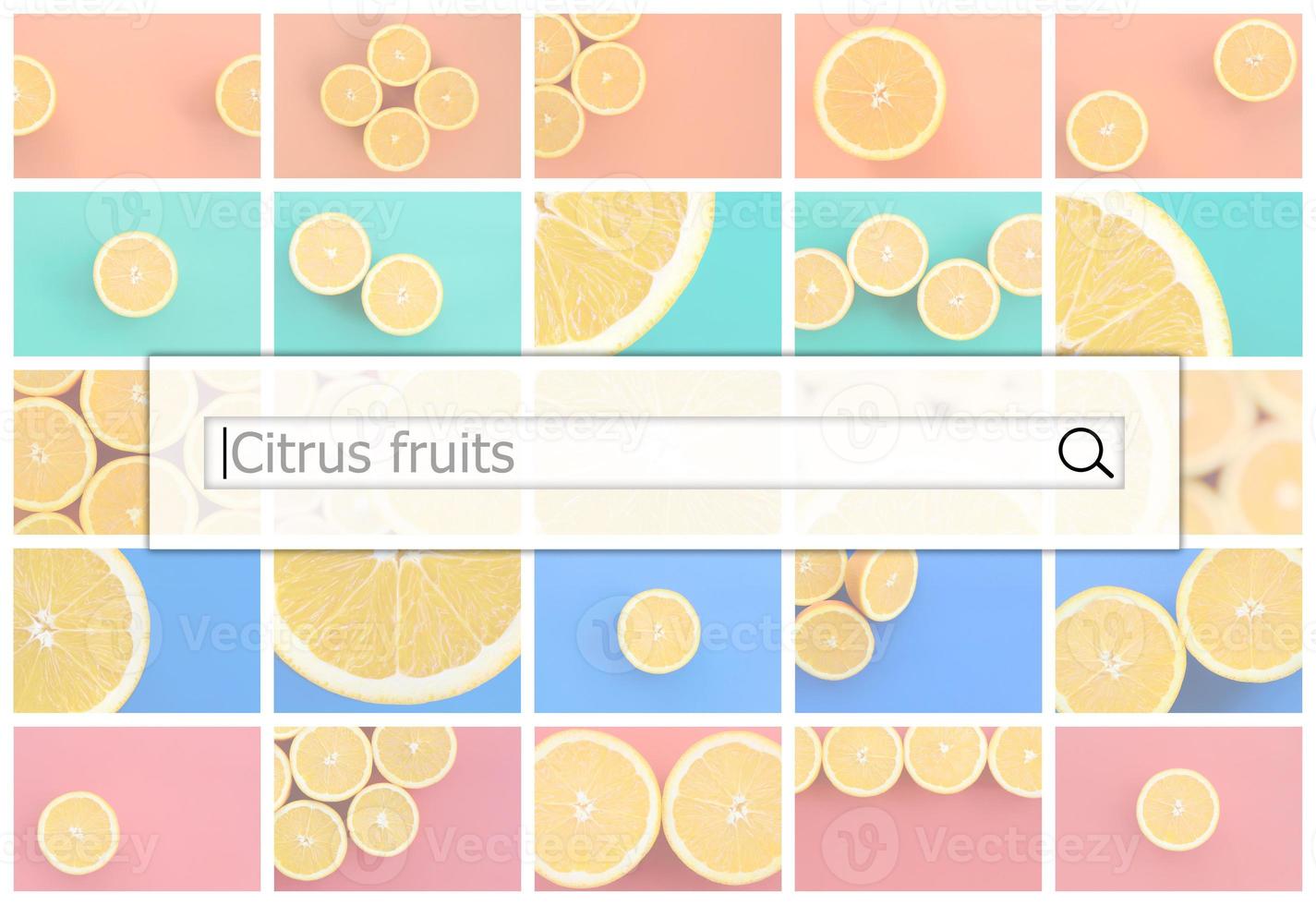 Visualization of the search bar on the background of a collage of many pictures with juicy oranges. Citrus fruits photo
