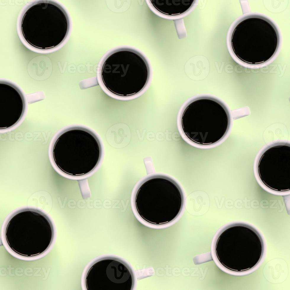 muchas tazas pequeñas de café blanco sobre fondo de textura de papel de color lima pastel de moda foto